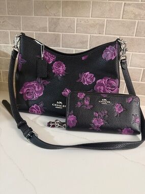 Coach Black Leather Shoulder Bag with Purple Rose Print and Matching Wallets